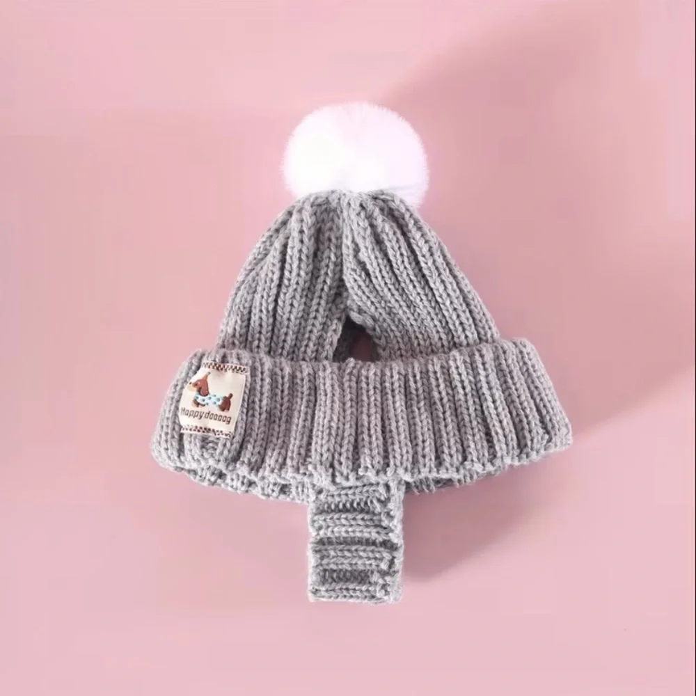 HAPPY DOOOOOG Soft Knit Dog Hat w/Pom Trim, Ear Holes + Chin Strap in Grey - NWT - Picture 5 of 13